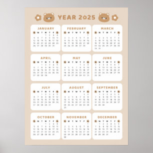 Cute Bear 2025 Calendar Poster
