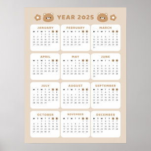 Cute Bear 2025 Calendar Poster