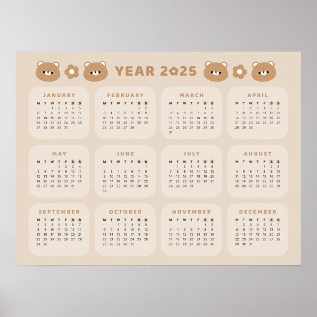 Cute Bear 2025 Calendar Poster (Front)