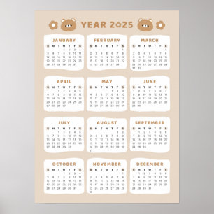 Cute Bear 2025 Calendar Poster