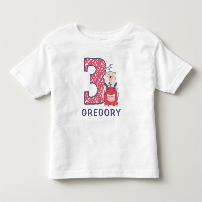 Cute bear 3rd birthday with name toddler T-Shirt (Front)
