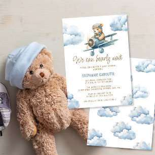Cute Bear Aeroplane Blue Boy Baby Shower Invitation