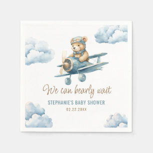 Cute Bear Aeroplane Blue Boy Baby Shower Napkin
