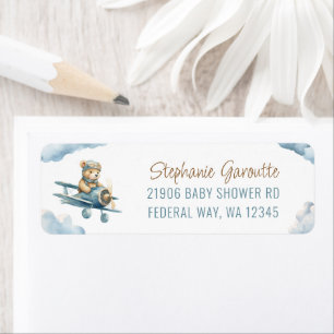 Cute Bear Aeroplane Blue Boy Return Address Label