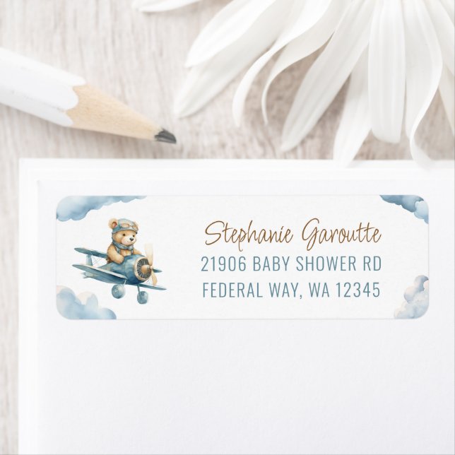 Cute Bear Aeroplane Blue Boy Return Address Label (Insitu)