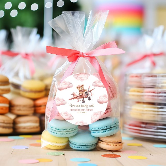 Cute Bear Aeroplane Pink Girl Baby Shower Classic Round Sticker (Cute Bear Airplane Pink Girl Baby Shower Classic Round Sticker)