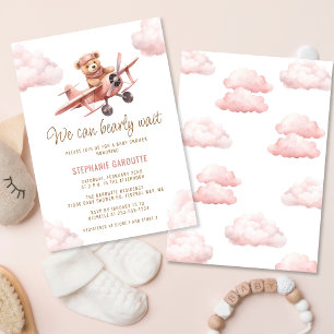 Cute Bear Aeroplane Pink Girl Baby Shower Invitation