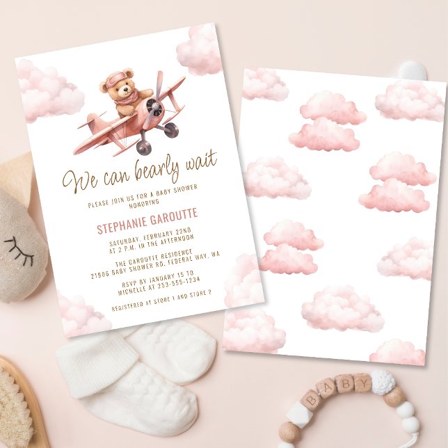 Cute Bear Aeroplane Pink Girl Baby Shower Invitation (Cute Bear Airplane Pink Girl Baby Shower Invitation)