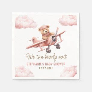 Cute Bear Aeroplane Pink Girl Baby Shower Napkin