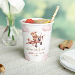 Cute Bear Aeroplane Pink Girl Baby Shower Paper Cups