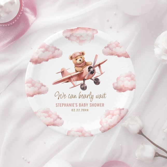 Cute Bear Aeroplane Pink Girl Baby Shower Paper Plate (Cute Bear Airplane Pink Girl Baby Shower Paper Plates)