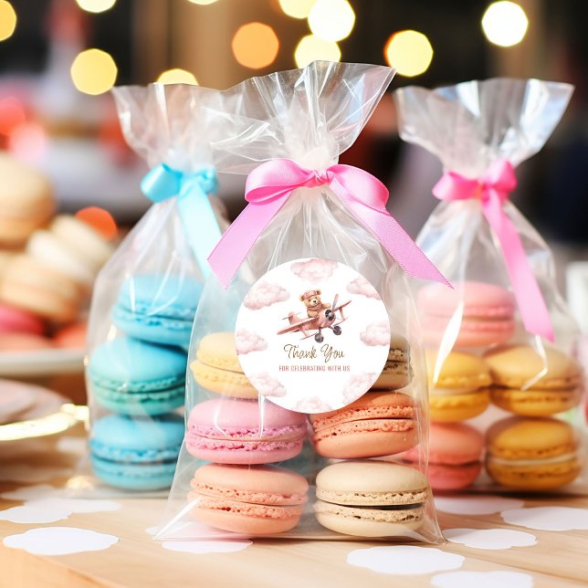 Cute Bear Aeroplane Pink Girl Baby Shower Thank Yo Classic Round Sticker (Cute Bear Airplane Pink Girl Baby Shower Thank You Classic Round Sticker)