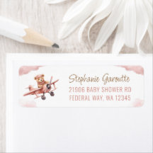 Cute Bear Aeroplane Pink Girl Return Address