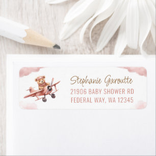 Cute Bear Aeroplane Pink Girl Return Address Label