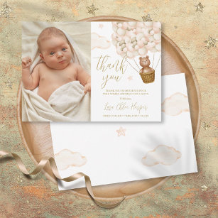 Cute Bear And Balloons New Baby Photo Thank You Card