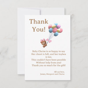 Cute Bear and Balloons Theme Flat Thank You Card