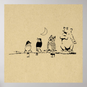 Cute Bear and Birds Singing to the Moon Art Poster