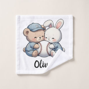 Cute Bear and Bunny Baseball Team Wash Cloth