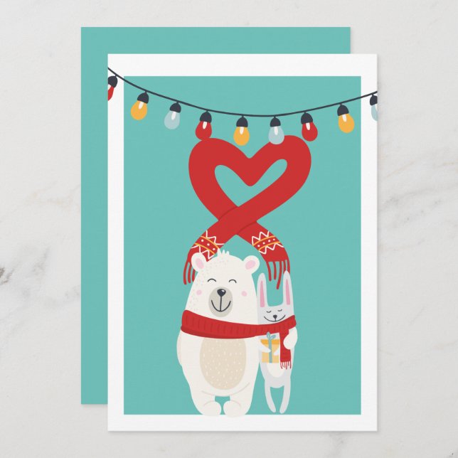 Cute Bear And Bunny Personalized Christmas Holiday Card (Front/Back)