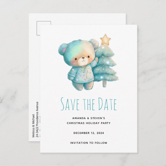 Cute Bear and Christmas Tree Announcement Postcard (Front/Back)