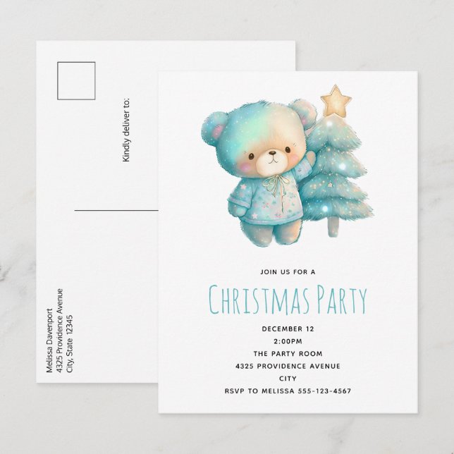 Cute Bear and Christmas Tree Birthday Invitation Postcard (Front/Back)