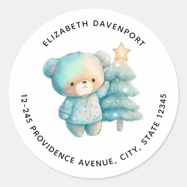 Cute Bear and Christmas Tree Holiday Address Classic Round Sticker (Front)