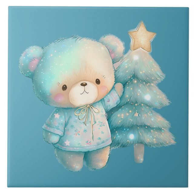 Cute Bear and Christmas Tree Holiday Ceramic Tile (Front)