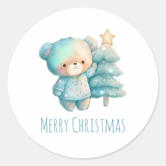 Cute Bear and Christmas Tree Holiday Classic Round Sticker (Front)