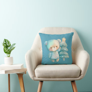 Cute Bear and Christmas Tree Holiday Cushion