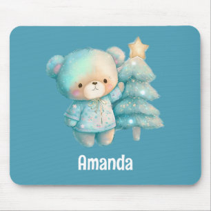 Cute Bear and Christmas Tree Holiday Mouse Pad