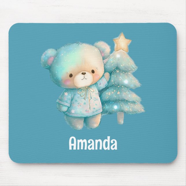 Cute Bear and Christmas Tree Holiday Mouse Pad (Front)