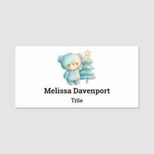 Cute Bear and Christmas Tree Holiday Name Tag