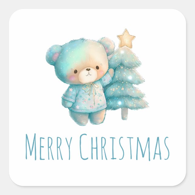 Cute Bear and Christmas Tree Holiday Square Sticker (Front)