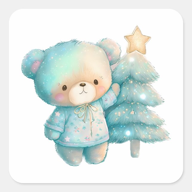 Cute Bear and Christmas Tree Holiday Square Sticker (Front)