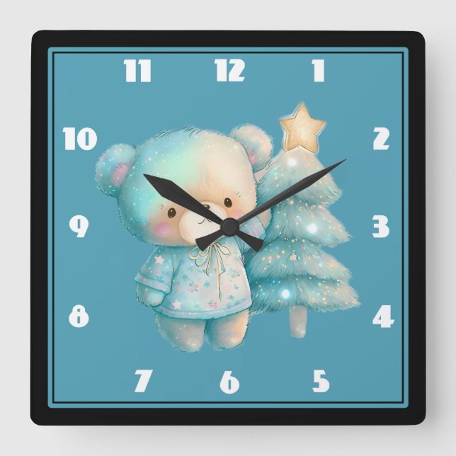 Cute Bear and Christmas Tree Holiday Square Wall Clock (Front)