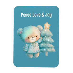 Cute Bear and Christmas Tree Holiday Teal Magnet