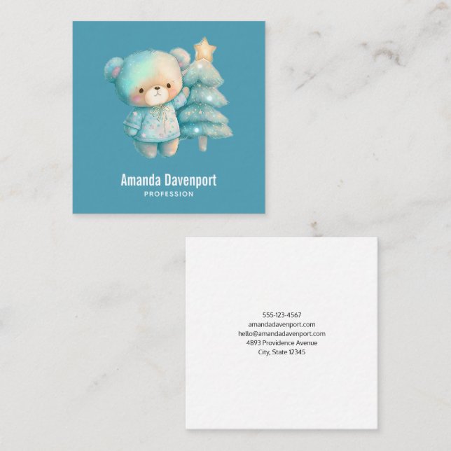 Cute Bear and Christmas Tree Square Business Card (Front/Back)
