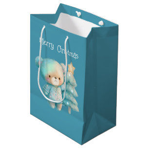Cute Bear and Christmas Tree Teal Holiday Medium Gift Bag