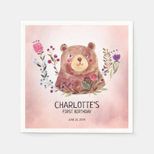 Cute Bear and Flowers Child's Birthday Napkin