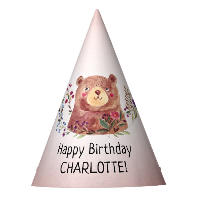 Cute Bear and Flowers Child's Birthday Party Hat (Front)