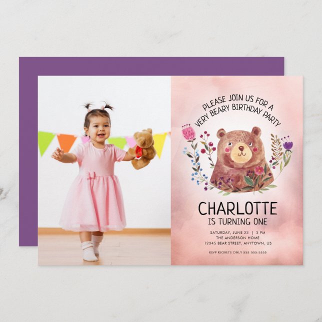 Cute Bear and Flowers Girls Photo Birthday Party Invitation (Front/Back)