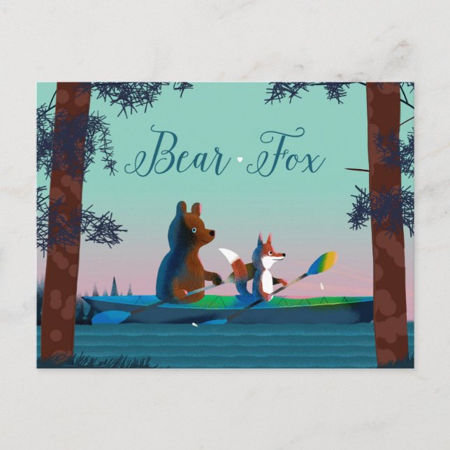 Cute Bear and Fox kayaking on a wild forest river Postcard (Front)