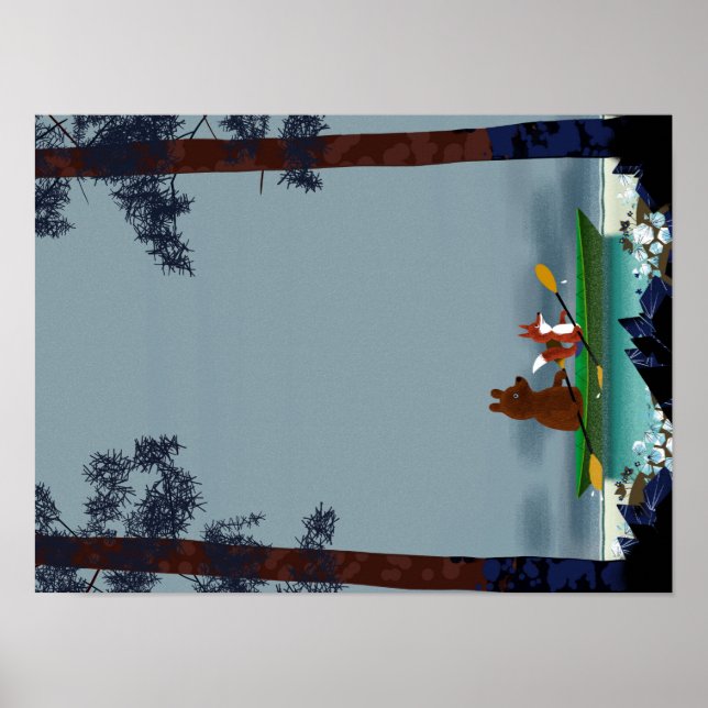 Cute Bear and Fox kayaking on a wild forest river Poster (Front)