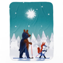 Cute Bear and Fox skiing under stars in a forest