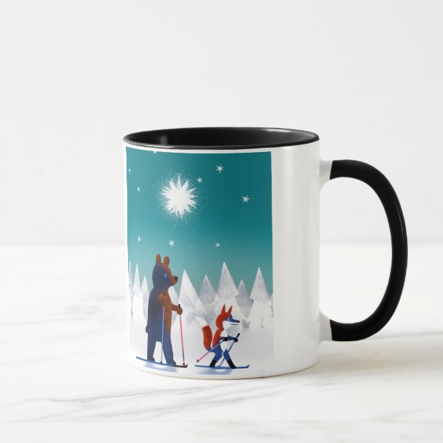 Cute Bear and Fox skiing under stars in a forest Mug (Right)