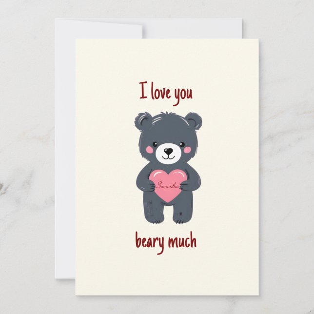 Cute Bear and Heart with name Valentine's Card (Front)