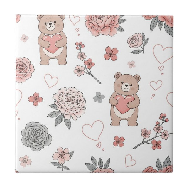 Cute Bear and Hearts -- Pastel Nursery (12) Ceramic Tile (Front)