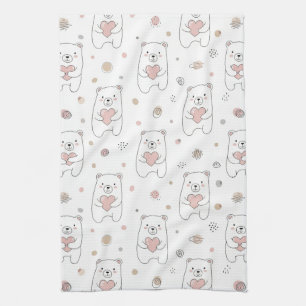 Cute Bear and Hearts -- Pastel Nursery (1) Tea Towel