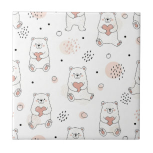 Cute Bear and Hearts -- Pastel Nursery (7) Ceramic Tile