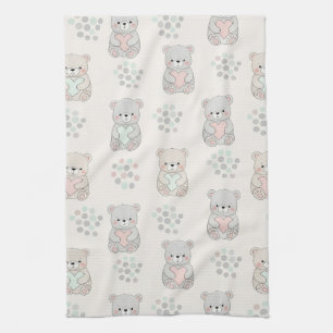 Cute Bear and Hearts -- Pastel Nursery (8) Tea Towel